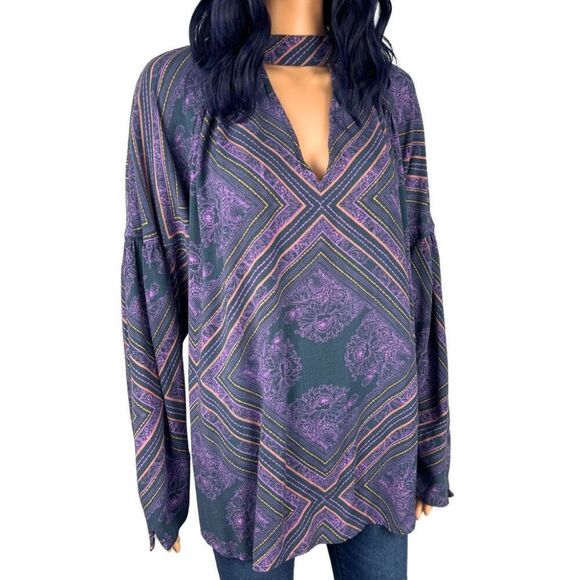 Free People Walking On A Dream Tunic L Purple Floral Keyhole Boho Festival Top - Picture 3 of 6